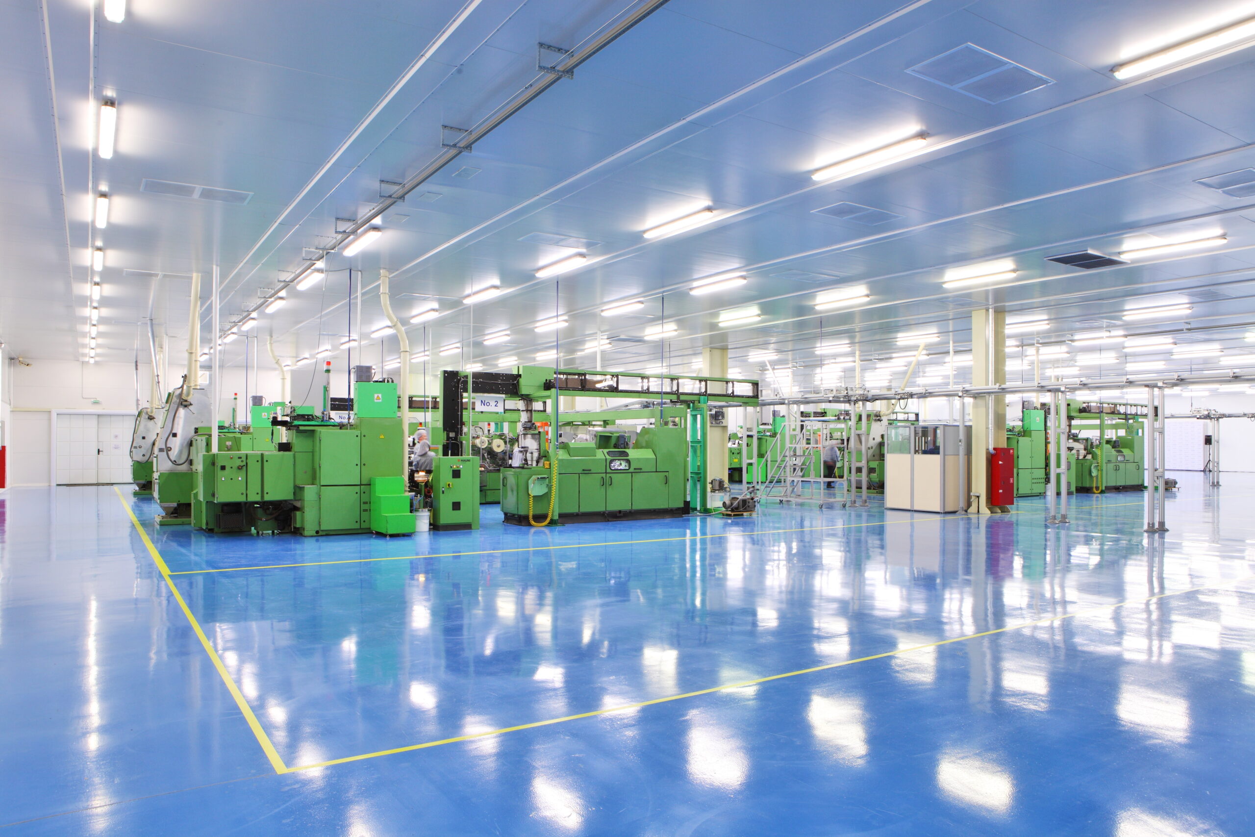 Brightly lit industrial space with equipment