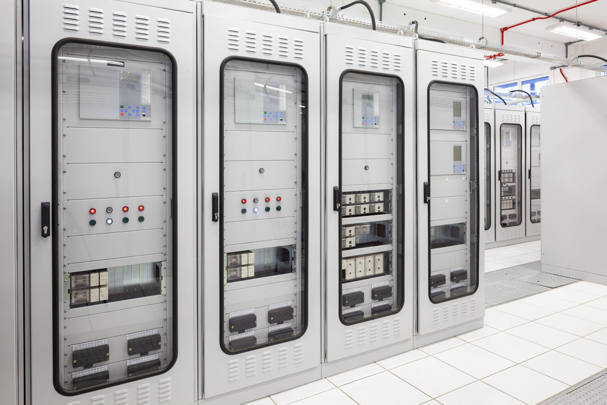 Electrical switchgear room at an electric substation.